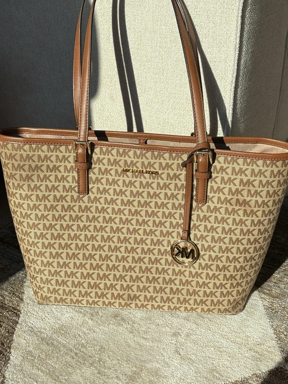 Michael Kors Tan Brown MK Logo Tote with Gold Charm